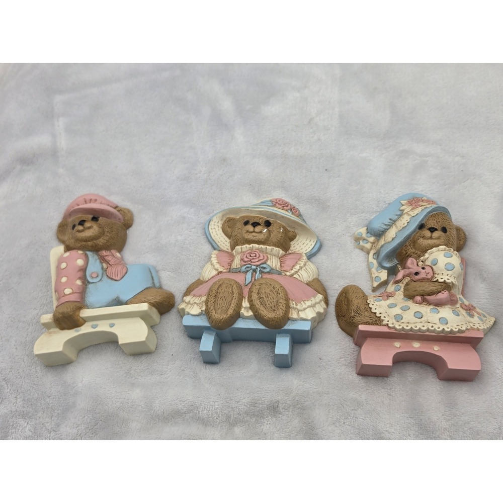 Vintage HOMCO Burwood 3 pc Bear Wall Plaque Decor 3315 Pink Blue Nursery Child